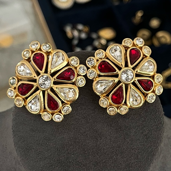 Vintage Christian Dior Red White Rhinestone Maltese Flower Gold Clip-On Earrings